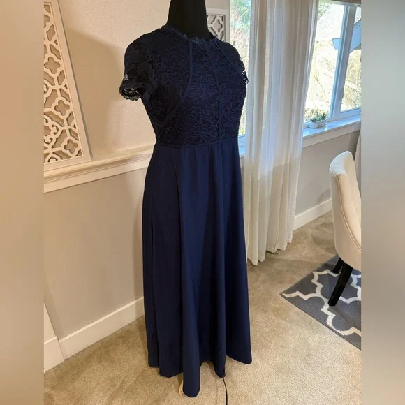 Chic Navy Blue Lace Maxi Dress - Picture 2 of 13